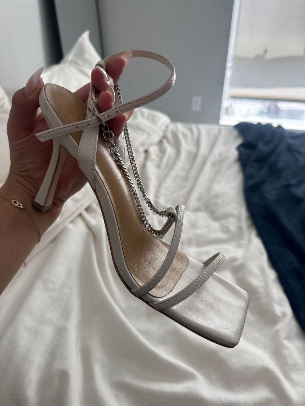 White Strappy Chain-Heel Sandals